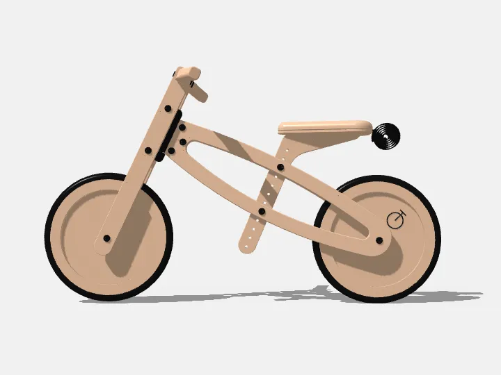 The bike in bare wood, the wheels in the colour of the plywood.