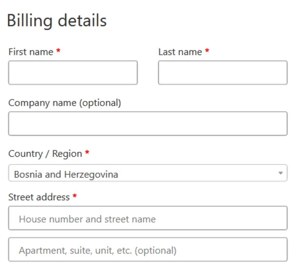 The existing WooCommerce checkout, the billing column with name, company, country and address.