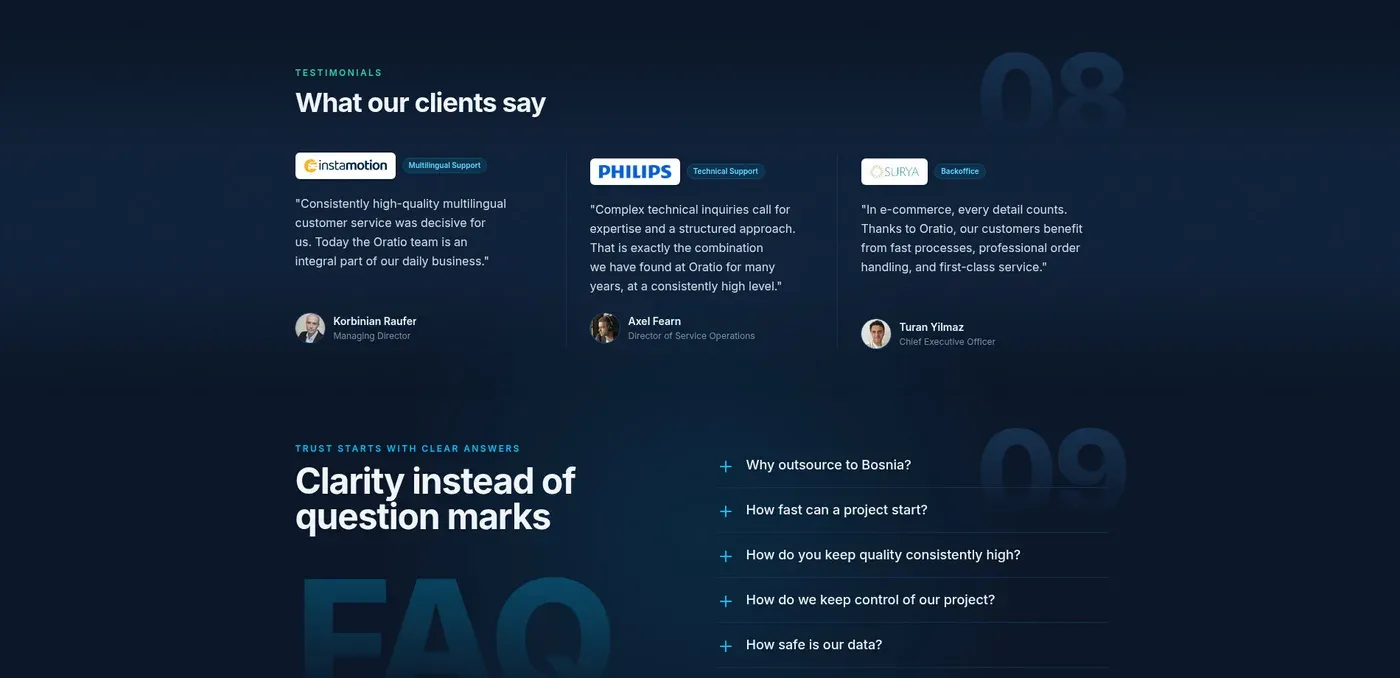 Three client quotes with name and role, and under them a list of frequently asked questions that open on click