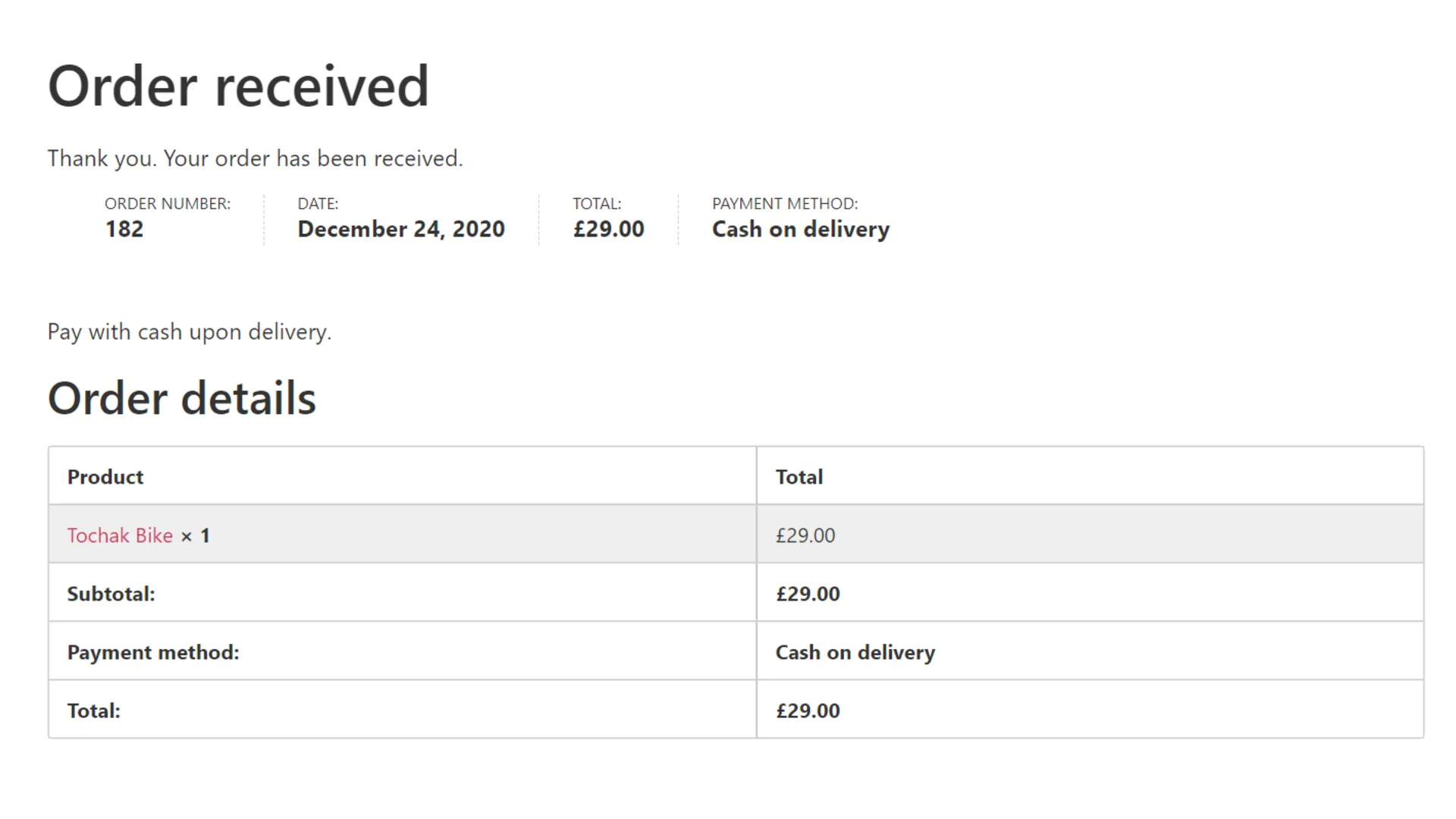 The order received page for order #182, December 2020, with the total and the payment method.